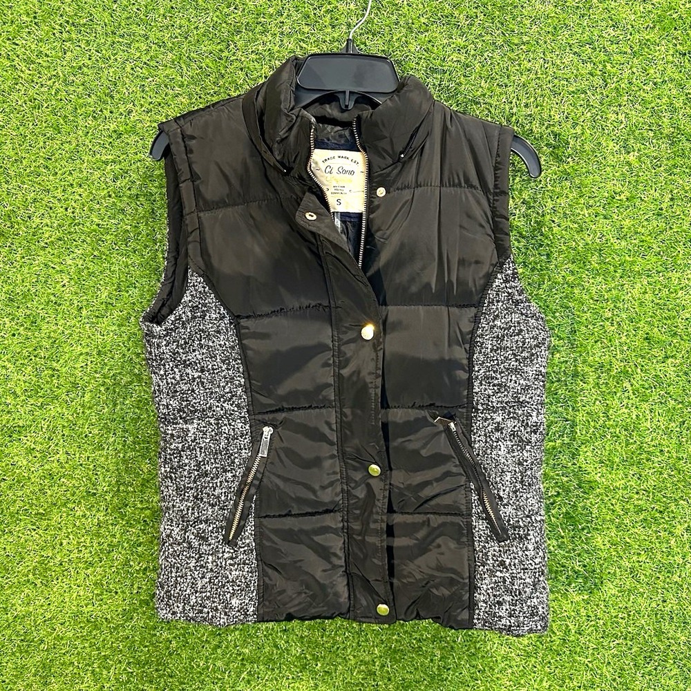 Ci Sono Original Women's Quilted Puffer Vest Black/Gray Zip Snap Mid-Length S